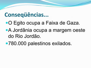 Conseqüências...O Egito ocupa a Faixa de Gaza.A Jordânia ocupa a margem oeste do Rio Jordão.780.000 palestinos exilados.