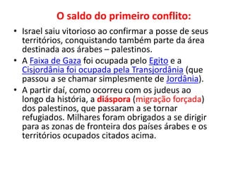 O saldo do primeiro conflito: 
• Israel saiu vitorioso ao confirmar a posse de seus 
territórios, conquistando também parte da área 
destinada aos árabes – palestinos. 
• A Faixa de Gaza foi ocupada pelo Egito e a 
Cisjordânia foi ocupada pela Transjordânia (que 
passou a se chamar simplesmente de Jordânia). 
• A partir daí, como ocorreu com os judeus ao 
longo da história, a diáspora (migração forçada) 
dos palestinos, que passaram a se tornar 
refugiados. Milhares foram obrigados a se dirigir 
para as zonas de fronteira dos países árabes e os 
territórios ocupados citados acima. 
 