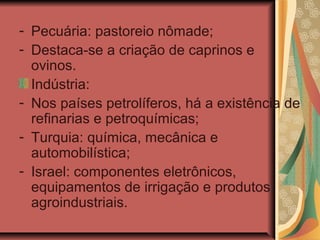 - Pecuária: pastoreio nômade;
- Destaca-se a criação de caprinos e
ovinos.
Indústria:
- Nos países petrolíferos, há a existência de
refinarias e petroquímicas;
- Turquia: química, mecânica e
automobilística;
- Israel: componentes eletrônicos,
equipamentos de irrigação e produtos
agroindustriais.
 