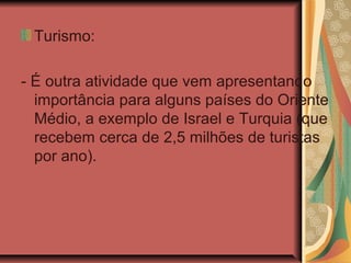 Turismo:
- É outra atividade que vem apresentando
importância para alguns países do Oriente
Médio, a exemplo de Israel e Turquia (que
recebem cerca de 2,5 milhões de turistas
por ano).
 