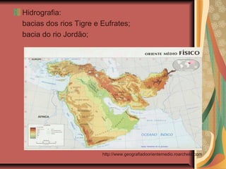 Hidrografia:
bacias dos rios Tigre e Eufrates;
bacia do rio Jordão;
http://www.geografiadoorientemedio.roarchela.com
 