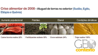 Aumento populacional Petróleo Etanol Condições climáticas
Crise alimentar de 2008 - Alugueldeterrasnoexterior(Sudão,Egito,
EtiópiaeQuênia)
 
