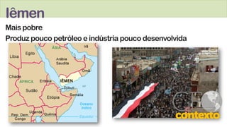 Iêmen
Mais pobre
Produz pouco petróleo e indústria pouco desenvolvida
 