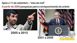 Após o 11 de setembro– “eixo do mal”
A partir de 2005pesquisas para o enriquecimento do urânio
2005 a 2013
2001 a 2009
 