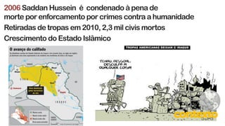 2006 Saddan Hussein é condenado àpena de
morte por enforcamento por crimes contra a humanidade
Retiradas de tropas em 2010, 2,3 mil civis mortos
Crescimento do Estado Islâmico
 