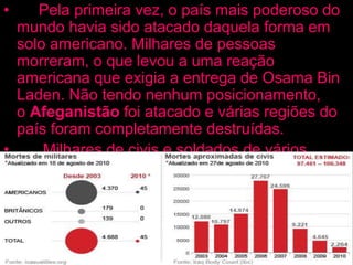 • Pela primeira vez, o país mais poderoso do
mundo havia sido atacado daquela forma em
solo americano. Milhares de pessoas
morreram, o que levou a uma reação
americana que exigia a entrega de Osama Bin
Laden. Não tendo nenhum posicionamento,
o Afeganistão foi atacado e várias regiões do
país foram completamente destruídas.
• Milhares de civis e soldados de vários
países já morreram nessa guerra que ainda
não tem previsão para terminar.
 