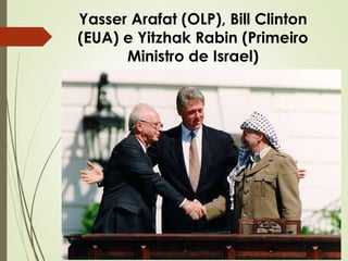 Yasser Arafat (OLP), Bill Clinton
(EUA) e Yitzhak Rabin (Primeiro
Ministro de Israel)

 