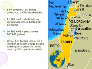 Sem consultar  os árabes palestinos, a ONU estabeleceu : 11.500 Km2 – destinados a aproximadamente 1.500.000 palestinos 14.500 Km2 – para apenas 700.000 judeus O Gal. Ben Gurion tornou-se o Premier do recém criado Estado Judeu que se organizou como uma república parlamentarista. 