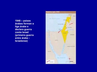 1948 – países árabes forman o liga árabe e declara guerra conta Israel (primeira guerra entre árabe - Israelense) 