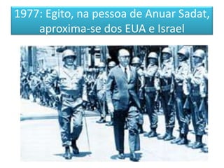 1977: Egito, na pessoa de Anuar Sadat, aproxima-se dos EUA e Israel