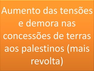 Aumento das tensões e demora nas concessões de terras aos palestinos (mais revolta)