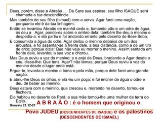Deus, porém, disse a Abraão ... De Sara sua esposa, seu filho ISAQUE será
   chamada a tua descendência.
Mas também de seu filho (Ismael) com a serva Agar farei uma nação,
   porquanto ele é da tua linhagem.
Então se levantou Abraão de manhã cedo e, tomando pão e um odre de água,
   os deu a Agar, pondo-os sobre o ombro dela; também lhe deu o menino e
   despediu-a; e ela partiu e foi andando errante pelo deserto de Beer-Seba.
E consumida a água do odre, Agar deitou o menino debaixo de um dos
   arbustos, e foi assentar-se a frente dele, a boa distância, como a de um tiro
   de arco; porque dizia: Que não veja eu morrer o menino. Assim sentada em
   frente dele, levantou a sua voz e chorou.
Mas Deus ouviu a voz do menino; e o anjo de Deus, bradando a Agar desde o
   céu, disse-lhe: Que tens, Agar? não temas, porque Deus ouviu a voz do
   menino desde o lugar onde está.
Ergue-te, levanta o menino e toma-o pela mão, porque dele farei uma grande
   nação.
E abriu-lhe Deus os olhos, e ela viu um poço; e foi encher de água o odre e
   deu de beber ao menino.
Deus estava com o menino, que cresceu e, morando no deserto, tornou-se
   flecheiro.
Ele habitou no deserto de Parã; e sua mãe tomou-lhe uma mulher da terra do
   Egito.       A B R A Ã O : é o homem que originou o
Genesis 21:12-21

         Povo JUDEU (DESCENDENTES DE ISAQUE) e os palestinos
                            (DESCENDENTES DE ISMAEL)
 