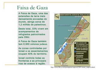 Faixa de Gaza
A Faixa de Gaza, uma das
extensões de terra mais
densamente povoadas do
mundo, abriga cerca de
1,2 milhão de palestinos.
Deste total, 33% vivem em
acampamentos de
refugiados patrocinados
pela ONU.
A Faixa de Gaza também
tem 6.900 colonos judeus.
As zonas controladas por
Israel e os assentamentos
ocupam 40% do território.
Israel controla todas as
fronteiras e as principais
vias de acesso à região.
                             http://www.bbc.co.uk/portuguese/especial/2001/meast_maps/8.shtml
 