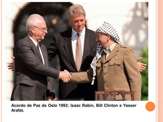 Acordo de Paz de Oslo 1993: Isaac Rabin, Bill Clinton e Yasser
Arafat.
 