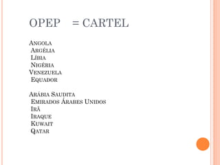 OPEP        = CARTEL
ANGOLA
ARGÉLIA
LÍBIA
NIGÉRIA
VENEZUELA
EQUADOR

ARÁBIA SAUDITA
EMIRADOS ÁRABES UNIDOS
IRÃ
IRAQUE
KUWAIT
QATAR
 