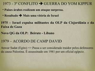 1973 - 3º CONFLITO  GUERRA DO YOM KIPPUR
• Países árabes realizam um ataque surpresa.
• Resultado  Mais uma vitória de Israel
1975 – Israel expulsa militantes da OLP da Cisjordânia e da
Faixa de Gaza
Novo QG da OLP: Beirute - Líbano
1979 – ACORDO DE CAMP DAVID
Anwar Sadat (Egito) => Passa a ser considerado traidor pelos defensores
da causa Palestina. É assassinado em 1981 por um oficial egípcio.
 