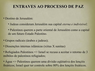 ENTRAVES AO PROCESSO DE PAZ
• Destino de Jerusalém:
• Judeus consideram Jerusalém sua capital eterna e indivisível;
• Palestinos querem a parte oriental de Jerusalém como a capital
de um futuro Estado Palestino.
• Grupos radicais (árabes e judeus);
• Dissenções internas islâmicas (xiitas X sunitas)
• Refugiados Palestinos => Israel se recusa a aceitar o retorno de 3
milhões de palestinos refugiados;
• Água => Palestinos querem uma divisão eqüitativa dos lençóis
freáticos; Israel quer ter controle sobre 80% dos lençóis freáticos.
 