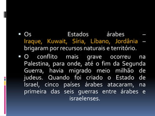 Os  Estados árabes – Iraque, Kuwait, Síria, Líbano, Jordânia – brigaram por recursos naturais e território. O conflito mais grave ocorreu na Palestina, para onde, até o fim da Segunda Guerra, havia migrado meio milhão de judeus. Quando foi criado o Estado de Israel, cinco países árabes atacaram, na primeira das seis guerras entre árabes e israelenses.