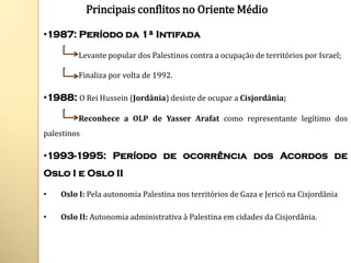 Principais conflitos no Oriente Médio

•1987: Período da 1ª Intifada

         Levante popular dos Palestinos contra a ocupação de territórios por Israel;

         Finaliza por volta de 1992.

•1988: O Rei Hussein (Jordânia) desiste de ocupar a Cisjordânia;

         Reconhece a OLP de Yasser Arafat como representante legítimo dos
palestinos

•1993-1995: Período de ocorrência dos Acordos de
Oslo I e Oslo II

•   Oslo I: Pela autonomia Palestina nos territórios de Gaza e Jericó na Cisjordânia

•   Oslo II: Autonomia administrativa à Palestina em cidades da Cisjordânia.
 