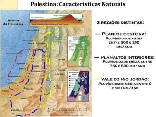 Palestina: Características Naturais

                        3 regiões distintas:

                          Planície costeira:
                            Pluvíosidade média
                             entre 500 e 250
                                 mm/ano


                         Planaltos interiores:
                           Pluvíosidade média entre
                              750 e 500 mm/ano


                          Vale do Rio Jordão:
                         Pluvíosidade média entre 0
                               e 500 mm/ano
 