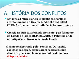 A HISTÓRIA DOS CONFLITOS
Em 1916, a França e a Grã-Bretanha assinaram o
 acordo tornando o Oriente Médio (EX-IMPÉRIO
 OTOMANO) uma zona de influência franco-britânica.

Crescia na Europa a força do sionismo, pela formação
 do Estado de Israel, RETORNANDO à Palestina onde
 na antiguidade, ficava o Reino de Israel.

O reino foi destruído pelos romanos. Os judeus,
 expulsos da região, dispersaram-se pelo mundo
 dando origem a um fenômeno conhecido como a
 diáspora judaica.
 