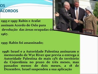 OS
ACORDOS

1993 e 1995: Rabin e Arafat
assinam Acordo de Oslo para
 devolução das áreas ocupadas desde
1967.

1995: Rabin foi assassinado;

 1998: Israel e a Autoridade Palestina assinaram o
  memorando de Wye River que previa a entrega à
  Autoridade Palestina de mais 13% do território
  da Cisjordânia no prazo de três meses, mas
  passados menos de dois meses, a 18 de
  Dezembro, Israel suspendeu a sua aplicação
 