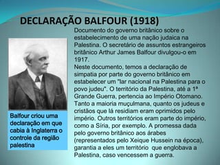 INICIAM-SE OS CONFLITOS MODERNOSJUDEUS  ALEGAM DIREITOS HISTÓRICOS SOBRE A PALESTINAPresença judaica na Palestina, desde o segundo milênio antes de Cristo. Ano 638 (Era Cristã) durante a expansão islâmica, a região da Palestina foi ocupada pelos árabes. Século VII foi conquistada pelos muçulmanos PALESTINOS  ALEGAM DIREITOS ADQUIRIDOS, POIS NUNCA SAÍRAM DA PALESTINA