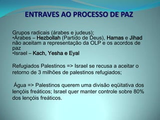 ENTRAVES AO PROCESSO DE PAZJERUSALEMPALESTINOS – presença das mesquitas do Domo da Rocha e de Al-Aqsa (sagradas) na porção oriental, onde o profeta Maomé subiu aos céus, conforme a crença muçulmanaISRAELENSES – única capital e centro da vida judaica quando esse povo habitava a Palestina, onde vivia o rei Davi, onde supostamente está sepultado Moisés e onde está o Muro das Lamentações 