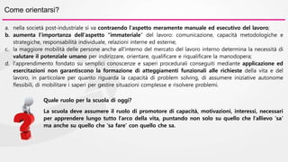 Come orientarsi? 
a. nella società post-industriale si va contraendo l'aspetto meramente manuale ed esecutivo del lavoro; 
b. aumenta l’importanza dell'aspetto “immateriale” del lavoro: comunicazione, capacità metodologiche e 
strategiche, responsabilità individuale, relazioni interne ed esterne; 
c. la maggiore mobilità delle persone anche all'interno del mercato del lavoro interno determina la necessità di 
valutare il potenziale umano per indirizzare, orientare, qualificare e riqualificare la manodopera; 
d. l'apprendimento fondato su semplici conoscenze e saperi procedurali conseguiti mediante applicazione ed 
esercitazioni non garantiscono la formazione di atteggiamenti funzionali alle richieste della vita e del 
lavoro, in particolare per quanto riguarda la capacità di problem solving, di assumere iniziative autonome 
flessibili, di mobilitare i saperi per gestire situazioni complesse e risolvere problemi. 
Quale ruolo per la scuola di oggi? 
La scuola deve assumere il ruolo di promotore di capacità, motivazioni, interessi, necessari 
per apprendere lungo tutto l’arco della vita, puntando non solo su quello che l’allievo ‘sa’ 
ma anche su quello che ‘sa fare’ con quello che sa. 
 