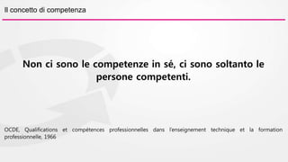 Il concetto di competenza 
Non ci sono le competenze in sé, ci sono soltanto le 
persone competenti. 
OCDE, Qualifications et compétences professionnelles dans l’enseignement technique et la formation 
professionnelle, 1966 
 