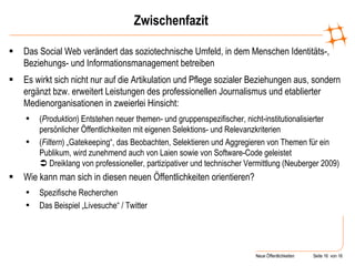 Zwischenfazit Das Social Web verändert das soziotechnische Umfeld, in dem Menschen Identitäts-, Beziehungs- und Informationsmanagement betreiben Es wirkt sich nicht nur auf die Artikulation und Pflege sozialer Beziehungen aus, sondern ergänzt bzw. erweitert Leistungen des professionellen Journalismus und etablierter Medienorganisationen in zweierlei Hinsicht: ( Produktion ) Entstehen neuer themen- und gruppenspezifischer, nicht-institutionalisierter persönlicher Öffentlichkeiten mit eigenen Selektions- und Relevanzkriterien ( Filtern ) „Gatekeeping“, das Beobachten, Selektieren und Aggregieren von Themen für ein Publikum, wird zunehmend auch von Laien sowie von Software-Code geleistet    Dreiklang von professioneller, partizipativer und technischer Vermittlung (Neuberger 2009) Wie kann man sich in diesen neuen Öffentlichkeiten orientieren? Spezifische Recherchen Das Beispiel „Livesuche“ / Twitter 