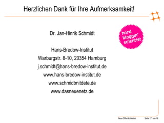 Herzlichen Dank für Ihre Aufmerksamkeit! Dr. Jan-Hinrik Schmidt Hans-Bredow-Institut Warburgstr. 8-10, 20354 Hamburg [email_address] www.hans-bredow-institut.de www.schmidtmitdete.de www.dasneuenetz.de 