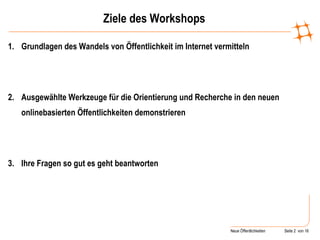 Ziele des Workshops Grundlagen des Wandels von Öffentlichkeit im Internet vermitteln Ausgewählte Werkzeuge für die Orientierung und Recherche in den neuen onlinebasierten Öffentlichkeiten demonstrieren Ihre Fragen so gut es geht beantworten 