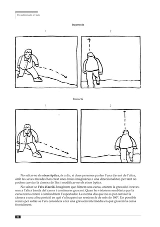 Els audiovisuals a l’aula



                                          Incorrecte

                             1                                        2




                                           Correcte

                             1                                        2




    No saltar-se els eixos òptics, és a dir, si dues persones parlen l’una davant de l’altra,
amb les seves mirades han creat unes línies imaginàries i una direccionalitat, per tant no
podem canviar la càmera de lloc i modificar-ne els eixos òptics.
    No saltar-se l’eix d’acció. Imaginem que filmem una cursa, aturem la gravació i traves-
sem a l’altra banda del carrer i continuem gravant. Quan ho visionem semblaria que la
cursa torna enrere i confondríem l’espectador. La norma diu que no es pot canviar la
càmera a una altra posició en què s’ultrapassi un semicercle de més de 180º. Un possible
recurs per saltar-se l’eix consisteix a fer una gravació intermèdia en què gravem la cursa
frontalment.



86
 