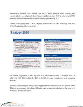 www.katalystwealth.com
As emerging markets (Asia, Middle East, Africa, South America, and CIS) have been
recording faster pace of growth than the developed economies, RHI has set a target of 70%
revenue contribution (up from 56%) from emerging markets by 2020.
Further, at the group level, RHI is targeting revenue of EUR 3,000 million by 2020 with
80% self sufficiency of raw materials.
We believe, acquisition of ORL by RHI is in line with the latter’s “Strategy 2020” of
achieving EUR 3,000 million by 2020 with 70% revenue contribution from emerging
markets.
Secondly, considering the strong operating performance and steady 15-18% growth across
different time periods, we believe ORL can make a major contribution in the growth of
RHI in the Asia Pacific region.
 