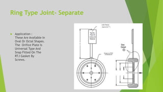 Ring Type Joint- Separate
 Application :
These Are Available In
Oval Or Octal Shapes.
The Orifice Plate Is
Universal Type And
Snap Fitted On The
RTJ Gasket By
Screws.
 