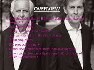 OVERVIEW 
• Founded in Sweden in 1967 by Robert af Jochnick and 
Jonas af Jochnick 
• Use Direct Selling 
• 1.3 billion Euros in annual sales 
• approximately 3.1 million Consultants 
• 7 500 employees 
• 900 products annually 
• Global R&D centre with more than 100 scientists 
• 5 own production units Operations in 61 countries of 
which 13 franchisees 
 