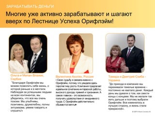 Многие уже активно зарабатывают и шагают
вверх по Лестнице Успеха Орифлэйм!
ЗАРАБАТЫВАТЬ ДЕНЬГИ
Ольга и Милан Влажик,
Сербия
“Благодаря Орифлэйм мы
можем позволить себе жизнь, о
которой раньше и е мечтали.
Наблюдая за успешными людьми
на всех континентах, мы
убедились, что все мы очень
похожи. Мы улыбчивы,
позитивны, дружелюбны, полны
энтузиазма, умеем говорить и
слушать!»
Тамара и Дмитрий Скиба -
Украина
“До прихода в компанию мы
переживали тяжелые времена –
постоянно не хватало денег. Каждый
день мы думали о том, как свести
концы с концами. Мы не желали так
жить дальше и поэтому выбрали
Орифлэйм. Все изменилось в
лучшую сторону, и жизнь стала
прекрасной».
Валентина Акопян, Россия
«Свою судьбу я связалаименно с
Орифлэйм, потому что увиделаздесь
перспективу роста. Компания предлагает
идеальноесочетаниеинтересной работы,
высокого дохода, премий и признания. А
самоеглавное– это возможность
получать удовольствиеот ежедневного
труда. С Орифлэйм действительно
сбываются мечты!»
 