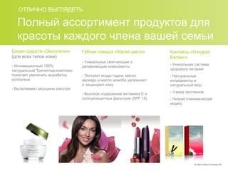 ОТЛИЧНО ВЫГЛЯДЕТЬ
Полный ассортимент продуктов для
красоты каждого члена вашей семьи
Серия средств «Эколлаген»
(для всех типов кожи)
- Инновационный 100%
натуральный Трипептид-комплекс
помогает увеличить выработку
коллагена
- Выталкивает морщины изнутри
Губная помада «Магия цвета»
- Уникальные смягчающие и
увлажняющие компоненты
- Экстракт ягоды годжи, масло
авокадо и масло жожоба увлажняют
и защищают кожу
- Высокое содержание витамина Е и
солнцезащитных фильтров (SPF 15)
Коктейль «Нэчурал
Бэланс»
- Уникальная система
здорового питания
- Натуральные
ингредиенты и
натуральный вкус
- 3 вида протеинов
- Низкий гликемический
индекс
 