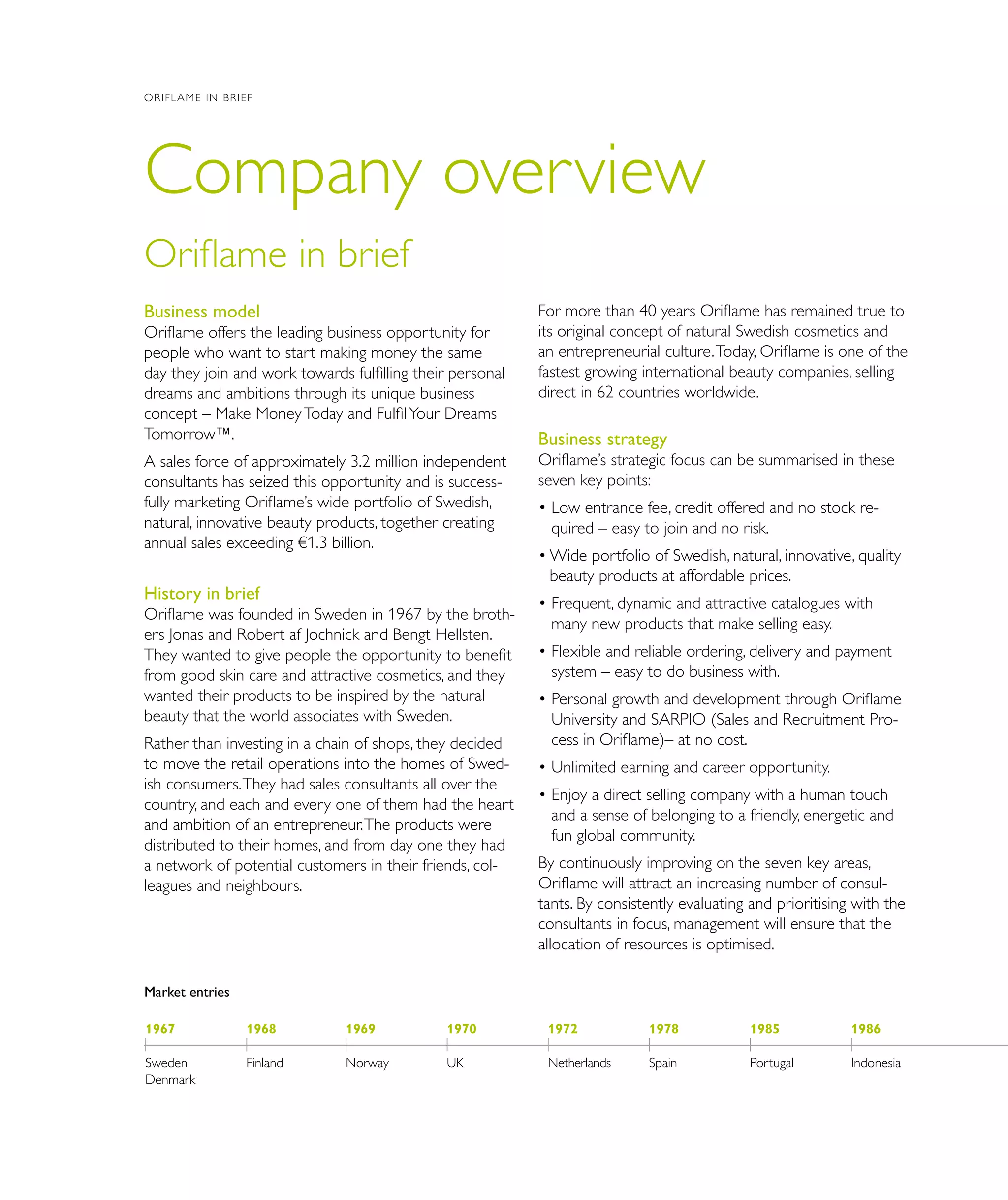 Market entries
1967
Sweden
Denmark
1968
Finland
1969
Norway
1970
UK
1972
Netherlands
1978
Spain
1985
Portugal
1986
Indonesia
Oriflame in brief
Business model
Oriflame offers the leading business opportunity for
people who want to start making money the same
day they join and work towards fulfilling their personal
dreams and ambitions through its unique business
concept – Make MoneyToday and FulfilYour Dreams
Tomorrow™.
A sales force of approximately 3.2 million independent
consultants has seized this opportunity and is success-
fully marketing Oriflame’s wide portfolio of Swedish,
natural, innovative beauty products, together creating
annual sales exceeding €1.3 billion.
History in brief
Oriflame was founded in Sweden in 1967 by the broth-
ers Jonas and Robert af Jochnick and Bengt Hellsten.
They wanted to give people the opportunity to benefit
from good skin care and attractive cosmetics, and they
wanted their products to be inspired by the natural
beauty that the world associates with Sweden.
Rather than investing in a chain of shops, they decided
to move the retail operations into the homes of Swed-
ish consumers.They had sales consultants all over the
country, and each and every one of them had the heart
and ambition of an entrepreneur.The products were
distributed to their homes, and from day one they had
a network of potential customers in their friends, col-
leagues and neighbours.
For more than 40 years Oriflame has remained true to
its original concept of natural Swedish cosmetics and
an entrepreneurial culture.Today, Oriflame is one of the
fastest growing international beauty companies, selling
direct in 62 countries worldwide.
Business strategy
Oriflame’s strategic focus can be summarised in these
seven key points:
• Low entrance fee, credit offered and no stock re-
quired – easy to join and no risk.
• Wide portfolio of Swedish, natural, innovative, quality
beauty products at affordable prices.
• Frequent, dynamic and attractive catalogues with
many new products that make selling easy.
• Flexible and reliable ordering, delivery and payment
system – easy to do business with.
• Personal growth and development through Oriflame
University and SARPIO (Sales and Recruitment Pro-
cess in Oriflame)– at no cost.
• Unlimited earning and career opportunity.
• Enjoy a direct selling company with a human touch
and a sense of belonging to a friendly, energetic and
fun global community.
By continuously improving on the seven key areas,
Oriflame will attract an increasing number of consul-
tants. By consistently evaluating and prioritising with the
consultants in focus, management will ensure that the
allocation of resources is optimised.
Company overview
ORIFLAME IN BRIEF
 