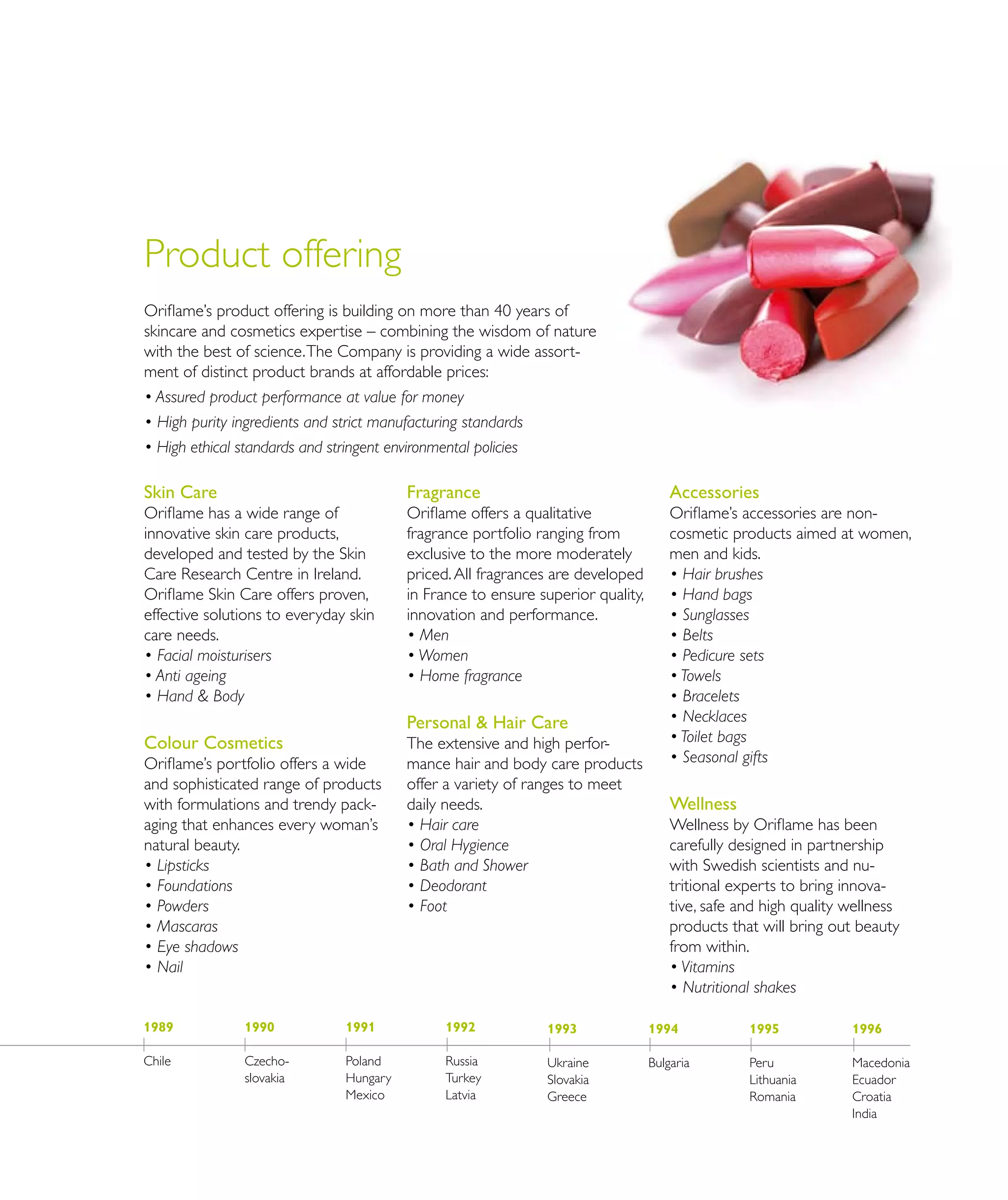 1993
Ukraine
Slovakia
Greece
1994
Bulgaria
1995
Peru
Lithuania
Romania
1996
Macedonia
Ecuador
Croatia
India
1989
Chile
1990
Czecho-
slovakia
1991
Poland
Hungary
Mexico
1992
Russia
Turkey
Latvia
Oriflame’s product offering is building on more than 40 years of
skincare and cosmetics expertise – combining the wisdom of nature
with the best of science.The Company is providing a wide assort-
ment of distinct product brands at affordable prices:
• Assured product performance at value for money
• High purity ingredients and strict manufacturing standards
• High ethical standards and stringent environmental policies
Product offering
Skin Care
Oriflame has a wide range of
innovative skin care products,
developed and tested by the Skin
Care Research Centre in Ireland.
Oriflame Skin Care offers proven,
effective solutions to everyday skin
care needs.
• Facial moisturisers
• Anti ageing
• Hand  Body
Colour Cosmetics
Oriflame’s portfolio offers a wide
and sophisticated range of products
with formulations and trendy pack-
aging that enhances every woman’s
natural beauty.
• Lipsticks
• Foundations
• Powders
• Mascaras
• Eye shadows
• Nail
Fragrance
Oriflame offers a qualitative
fragrance portfolio ranging from
exclusive to the more moderately
priced.All fragrances are developed
in France to ensure superior quality,
innovation and performance.
• Men
• Women
• Home fragrance
Personal  Hair Care
The extensive and high perfor-
mance hair and body care products
offer a variety of ranges to meet
daily needs.
• Hair care
• Oral Hygience
• Bath and Shower
• Deodorant
• Foot
Accessories
Oriflame’s accessories are non-
cosmetic products aimed at women,
men and kids.
• Hair brushes
• Hand bags
• Sunglasses
• Belts
• Pedicure sets
• Towels
• Bracelets
• Necklaces
• Toilet bags
• Seasonal gifts
Wellness
Wellness by Oriflame has been
carefully designed in partnership
with Swedish scientists and nu-
tritional experts to bring innova-
tive, safe and high quality wellness
products that will bring out beauty
from within.
• Vitamins
• Nutritional shakes
 