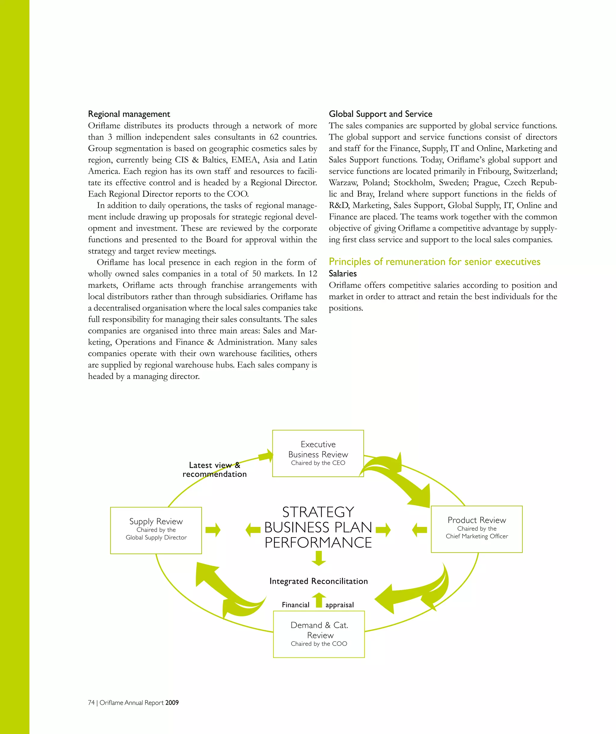 74 | Oriflame Annual Report 2009
Regional management
Oriflame distributes its products through a network of more
than 3 million independent sales consultants in 62 countries.
Group segmentation is based on geographic cosmetics sales by
region, currently being CIS  Baltics, EMEA, Asia and Latin
America. Each region has its own staff and resources to facili-
tate its effective control and is headed by a Regional Director.
Each Regional Director reports to the COO.
In addition to daily operations, the tasks of regional manage-
ment include drawing up proposals for strategic regional devel-
opment and investment. These are reviewed by the corporate
functions and presented to the Board for approval within the
strategy and target review meetings.
Oriflame has local presence in each region in the form of
wholly owned sales companies in a total of 50 markets. In 12
markets, Oriflame acts through franchise arrangements with
local distributors rather than through subsidiaries. Oriflame has
a decentralised organisation where the local sales companies take
full responsibility for managing their sales consultants. The sales
companies are organised into three main areas: Sales and Mar-
keting, Operations and Finance  Administration. Many sales
companies operate with their own warehouse facilities, others
are supplied by regional warehouse hubs. Each sales company is
headed by a managing director.
Global Support and Service
The sales companies are supported by global service functions.
The global support and service functions consist of directors
and staff for the Finance, Supply, IT and Online, Marketing and
Sales Support functions. Today, Oriflame’s global support and
service functions are located primarily in Fribourg, Switzerland;
Warzaw, Poland; Stockholm, Sweden; Prague, Czech Repub-
lic and Bray, Ireland where support functions in the fields of
RD, Marketing, Sales Support, Global Supply, IT, Online and
Finance are placed. The teams work together with the common
objective of giving Oriflame a competitive advantage by supply-
ing first class service and support to the local sales companies.
Principles of remuneration for senior executives
Salaries
Oriflame offers competitive salaries according to position and
market in order to attract and retain the best individuals for the
positions.
Financial appraisal
STRATEGY
BUSINESS PLAN
PERFORMANCE
Demand  Cat.
Review
Chaired by the COO
Executive
Business Review
Chaired by the CEO
Product Review
Chaired by the
Chief Marketing Officer
Supply Review
Chaired by the
Global Supply Director
Integrated Reconcilitation
Latest view 
recommendation
 