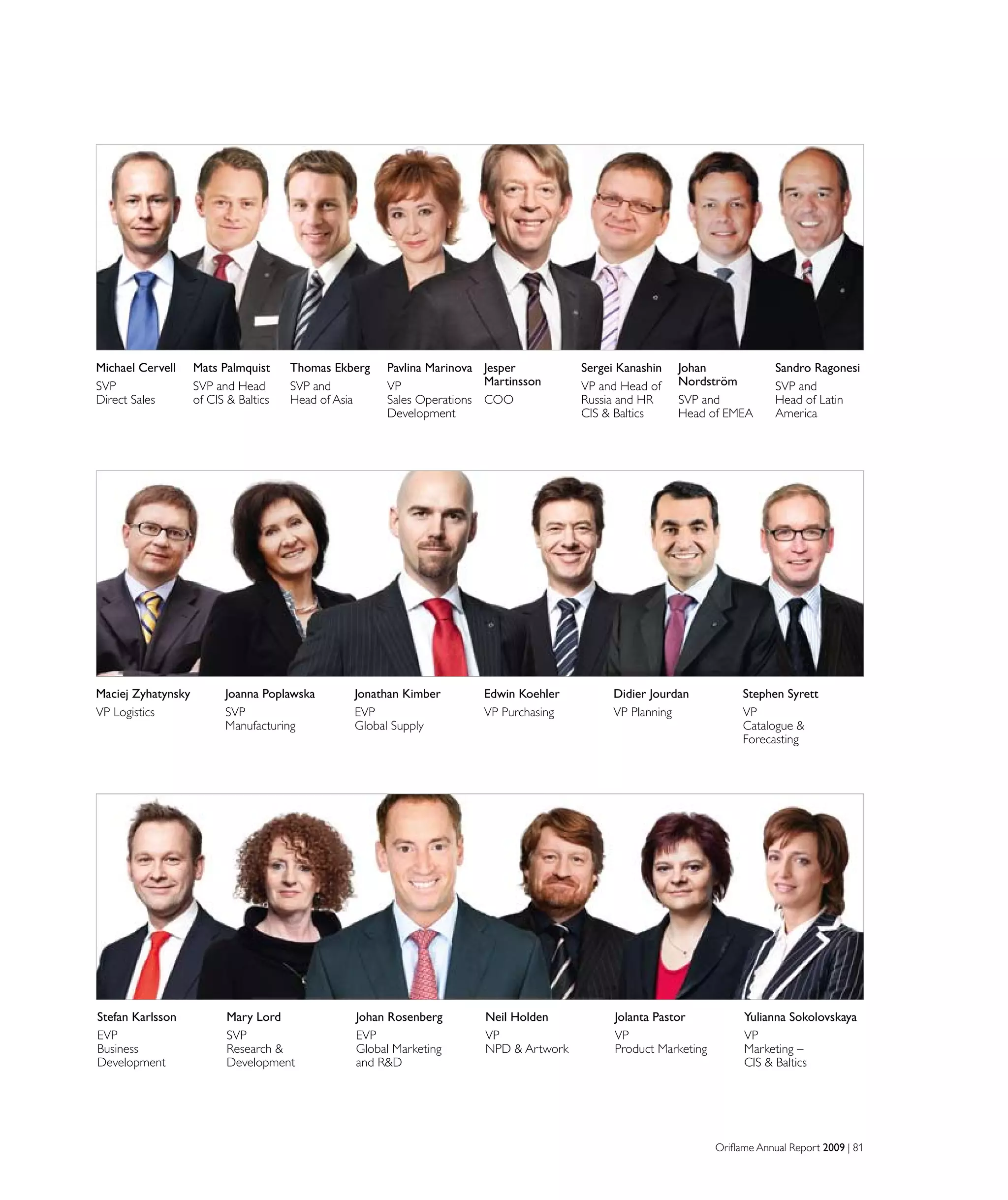 Oriflame Annual Report 2009 | 81
Michael Cervell
SVP
Direct Sales
Mats Palmquist
SVP and Head
of CIS  Baltics
Thomas Ekberg
SVP and
Head of Asia
Pavlina Marinova
VP
Sales Operations
Development
Jesper
Martinsson
COO
Sergei Kanashin
VP and Head of
Russia and HR
CIS  Baltics
Johan
Nordström
SVP and
Head of EMEA
Sandro Ragonesi
SVP and
Head of Latin
America
Stefan Karlsson
EVP
Business
Development
Mary Lord
SVP
Research 
Development
Johan Rosenberg
EVP
Global Marketing
and RD
Neil Holden
VP
NPD  Artwork
Jolanta Pastor
VP
Product Marketing
Yulianna Sokolovskaya
VP
Marketing –
CIS  Baltics
Maciej Zyhatynsky
VP Logistics
Joanna Poplawska
SVP
Manufacturing
Jonathan Kimber
EVP
Global Supply
Edwin Koehler
VP Purchasing
Didier Jourdan
VP Planning
Stephen Syrett
VP
Catalogue 
Forecasting
 