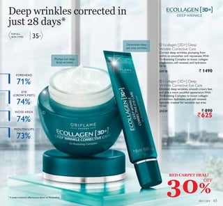 Diminishes deep
eye area wrinkles
Plumps out deep
facial wrinkles
ቢ
ባ
35+
skin care
ቢ Ecollagen [3D+] Deep
Wrinkle Corrective Care
Correct deep wrinkles, plumping from
within to smoothen and rejuvenate.With
Tri-Boosting Complex to boost collagen
production, cell renewal, and hydration.
50 ml.
24135 ` 1490
ባ Ecollagen [3D+] Deep
Wrinkle Corrective Eye Care
Diminish deep wrinkles, smooth crow’s feet
and give a more youthful appearance.With
Tri-Boosting Complex to boost collagen
production, hydration, and cell renewal.
Specially created for sensitive eye area.
15 ml.
24339 ` 890
`625
FOR ALL
SKIN TYPES
Deep wrinkles corrected in
just 28 days*
74%*
71%*
73%*
EYE
(CROW’S FEET)
FOREHEAD
MOUTH/LIPS
NOSE AREA
74%*
* 4 weeks consumer effectiveness tested on 96 panellists
30%
RED CARPET DEAL!
OFF
65
 