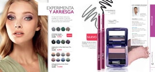 25
31789
Silver
Chrome
31790
Grey
Smoke
31791
Sparkling
Green
31792
Dazzling
Taupe
31789SilverChrome
31557
Onyx
Black
31557OnyxBlack
31558
Midnight
Blue
31559
Amazon
Green
31560
Deep
Plum
30970
Bronzed
Brown
30969
Black
Pearl
30971
Silver
Grey
30972
Rose
Taupe
30973
Pink
Mauve
30973PinkMauve
30976
Forest
Green
30975
Denim
Blue
30974
Midnight
Purple
24 25
Perﬁlador de ojos con efecto
metalizado. Fórmula cremosa
que se desliza suavemente y se
ﬁja a la perfección sin grumos
ni irregularidades.
PUNTA RETRÁCTIL
que no necesita
sacapuntas
Aplícala en SECO
o MOJADO y también
como delineador
ቤ Dúo de Sombras Colour Match
The ONE 2 g.
16,00€ 11,95€
ቢ Perﬁlador de Ojos
Metallic The ONE 0.3 g.
12,00€ 7,95€
Los ojos marrones son muy
versátiles. Para destacarlos utiliza
tonos violeta o dorados.
Ojos marrones:
Ojos azules:
Para destacar unos ojos azules
utiliza tonos oscuros como negros,
grises o marrones.
Ojos verdes:
Para intensiﬁcar unos ojos verdes
utiliza tonos ciruela, violetas o
azules.
Ojos avellana:
Elige tonos naturales como marrón,
beige o bronce para hacer más
llamativo el dulce tono avellana.
LOS CONSEJOS DE JONAS
Intensiﬁca tu mirada
ባ Delineador de Ojos High Impact The
ONE 0.3 g.
12,00€ 5,95€
Jonas Wramell
Director Artístico
de Oriﬂame
Tus ojos serán siempre claves en tu
maquillaje, sin importar su color. ¿Por
qué no probar nuevas combinaciones de
sombras de ojos para potenciarlos?
NUEVO
NUEVO
EXPERIMENTA
YARRIESGA
www.oriﬂame.esMAQUILLAJE
Lamodelolleva:DúodeSombrasColourMatchTheONE30973PinkMauve.
ቢ
ባ
ቤ
 