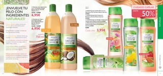 113112 113
Champú
400 ml.
ቤ 26446 Champú Cabello Normal con
Manzana y Flor de Saúco Nature Secrets
JUMBO
ብ 24398 Champú Anti-Caspa con
Bardana y Pomelo Nature Secrets
JUMBO
ቦ 23708 Champú con Ortiga y Limón para
Cabello Graso Nature Secrets JUMBO
ቧ 30942 Champú Protector del Color de
Aceite de Almendra y Fresa Nature
Secrets JUMBO
8,00€
Cada uno 3,95€
El extracto de Ortiga estimula mientras que
el aceite de Limón limpia de forma natural.
La raíz de Bardana y el Extracto de Pomelo
previenen la formación de caspa y dejan el
cabello limpio y fresco.
El Trigo fortalece y protege y el Aceite de
Coco acondiciona e hidrata.
El Aceite de Almendra dulce nutritivo y el
extracto de Fresa antioxidante se combinan
a la perfección para mantener el color de tu
pelo durante más tiempo.
El Aceite de Jojoba suaviza mientras que
el Mango, rico en antioxidantes, posee
propiedades hidratantes.
La ﬂor de Saúco refresca intensamente el
cabello y el extracto de Manzana hidrata e
ilumina con una increíble fragancia.
GIGANTE
750 ml
ባ Champú con Trigo y
Coco para Cabello
Seco y Dañado Nature
Secrets Tamaño
Gigante 750 ml.
26448 13,00€
6,95€
ቢ Champú y Acondicionador
2 en 1 con Jojoba y Mango
Nature Secrets Tamaño
Gigante 750 ml.
26449 13,00€
6,95€
¡ENVUELVETU
PELO CON
INGREDIENTES
NATURALES!
2 en 1 para todo
tipo de cabello
Para cabello
seco y dañado
Para cabello graso
para cabello normal
Para cabello teñido
NATURALESwww.oriﬂame.es
CUIDADO CAPILAR
50%
HASTA
ቢ ባ
ቦ
ብ
ቤ
ቧ
Anti Caspa
 