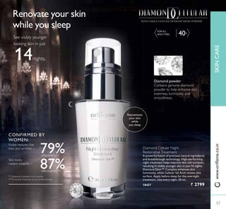 WITH UNIQUE GENUINE DIAMOND MICRO POWDER
Diamond Cellular Night
Restorative Treatment
A powerful fusion of precious natural ingredients
DQG EUHDNWKURXJK WHFKQRORJ +LJKSHUIRUPLQJ
night treatment helps improve skin cell turnover,
resulting in visibly younger skin in just 14 nights.
Diamond Elixir™ Complex enhances skin
luminosity, while Cellular Sal Acid renews skin
surface. Apply before sleep for the overnight
treatment. Use every night. 30 ml.
18437 ` 2799
Renovate your skin
while you sleep
** Consumer Evaluation on 65 women
9LVLEO UHGXFHV ÀQH
lines and wrinkles –
Skin looks
radiant instantly –
CONFIRMED BY
WOMEN:
79%effectivenes**
87%effectivenes***
*** Consumer Evaluation on 62 women instantly
See visibly younger
looking skin in just
14nights.
Diamond powder
Contains genuine diamond
powder to help enhance skin
evenness, luminosity and
smoothness.
Rejuvenates
your skin
while
you sleep
FOR ALL
6.,1 73(6 40+
57
SKINCARE
57
ZZZRULÁDPHFRLQ
 