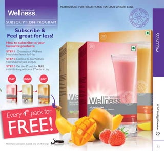 Notrecommendedforchildren.
*Thestudywasperformedwiththe
non-vegetarianversionofNutrishake.
Product declaration – per portion of 18 g:
121
GMO352'87
All ingredients in this product are
certified as non-GMO (genetically
modified organisms).
‡ Energy 67 kcal / 275 kJ
‡ Protein 7.7 g
‡ Carbohydrates 6.5 g
‡ Fat 0.7 g
1XWULVKDNH1DWXUDO9DQLOODÁDYRXU
1XWULVKDNH1DWXUDO0DQJR%DQDQDÁDYRXU
1XWULVKDNH1DWXUDO6WUDZEHUUÁDYRXU
Purple Shaker and
Scoop
A handy way to shake up
your Nutrishake. Mix one
scoop (18 g) of Nutrishake
powder with 150ml cold
water and shake.
25479 ` 299
3 BP
Nutrishake Natural
YDQLOOD ÁDYRXU
28 servings
500 g.
26851 ` 2499
50 BP
Nutrishake Natural
YDQLOOD ÁDYRXU
14 servings
250 g.
28030 ` 1549
29 BP
Nutrishake Natural
PDQJREDQDQD ÁDYRXU
14 servings
250 g.
28031 ` 1549
29 BP
Nutrishake Natural
VWUDZEHUU ÁDYRXU
14 servings
250 g.
28029 ` 1549
29 BP
Nutrishake Natural
PDQJREDQDQD ÁDYRXU
28 servings
500 g.
27232 ` 2499
50 BP
Nutrishake Natural
VWUDZEHUU ÁDYRXU
28 servings
500 g.
26850 ` 2499
50 BP
92
 