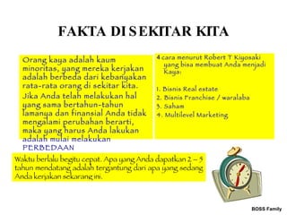 BOSS Family FAKTA DI SEKITAR KITA Orang kaya adalah kaum minoritas, yang mereka kerjakan adalah berbeda dari kebanyakan rata-rata orang di sekitar  kita .  Jika Anda telah melakukan hal yang sama bertahun-tahun lamanya dan finansial Anda tidak mengalami perubahan berarti, maka yang harus Anda lakukan adalah mulai melakukan PERBEDAAN 4  cara menurut Robert T Kiyosaki yang bisa membuat Anda menjadi Kaya: 1. Bisnis Real estate 2. Bisnis Franchise / waralaba 3. Saham  4. Multilevel Marketing  Waktu berlalu begitu cepat. Apa yang Anda dapatkan 2 – 5 tahun mendatang adalah tergantung dari apa yang sedang Anda kerjakan sekarang ini.   