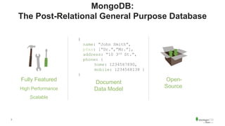 3
MongoDB:
The Post-Relational General Purpose Database
Document
Data Model
Open-
Source
Fully Featured
High Performance
Scalable
{
name: “John Smith”,
pfxs: [“Dr.”,”Mr.”],
address: “10 3rd St.”,
phone: {
home: 1234567890,
mobile: 1234568138 }
}
 